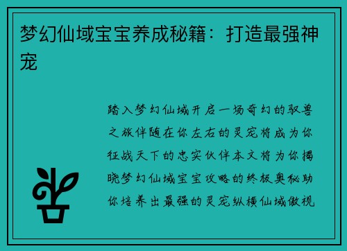 梦幻仙域宝宝养成秘籍：打造最强神宠
